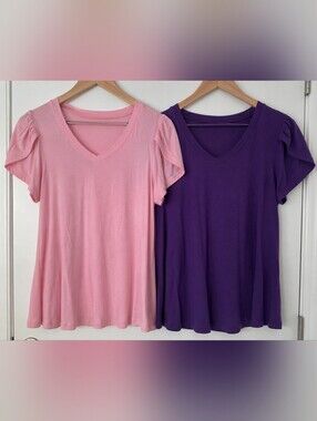 Afibi Womens V Neck  Petal Sleeve Tshirts Size XL